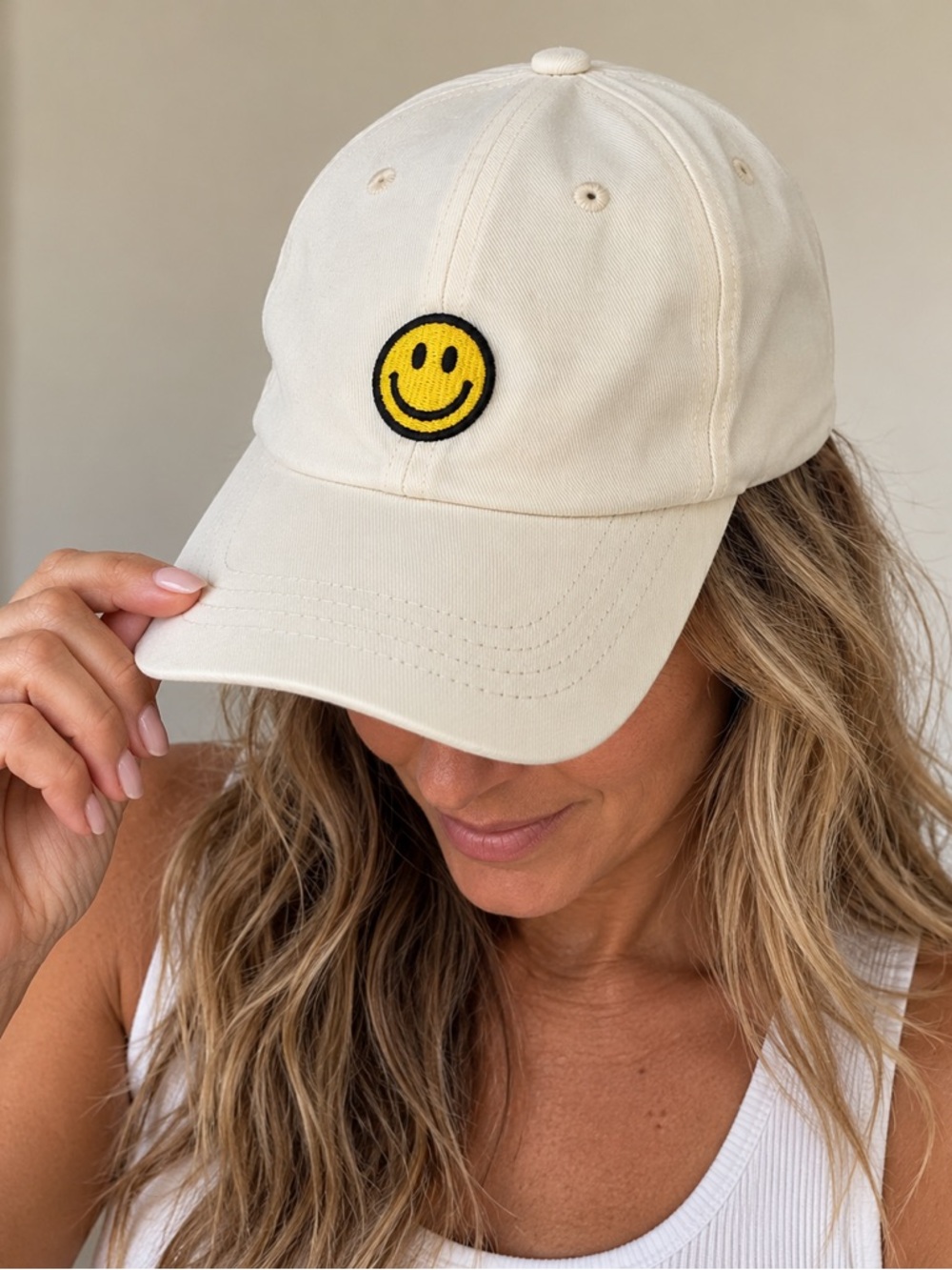 SONMONY Smiley Face Baseball Cap NWT Cream Adjustable Dad Hat Embroidered